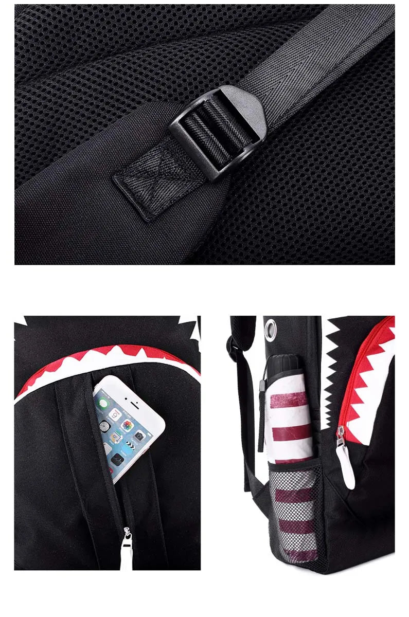 Luminous Shark Mouth Backpack | USB Laptop Travel Bag for Teens