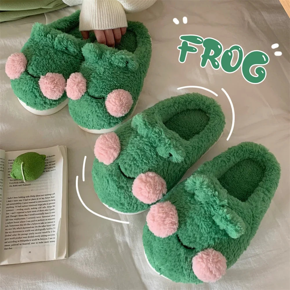 Women's Cute Green Frog Plush Slippers | Cozy Faux Fur House Shoes