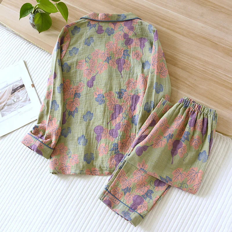 2026 Japanese Spring and Autumn New Women's Pajama Set 100% Cotton Vintage Long sleeved Pants Two Piece Set for Home Furnishings