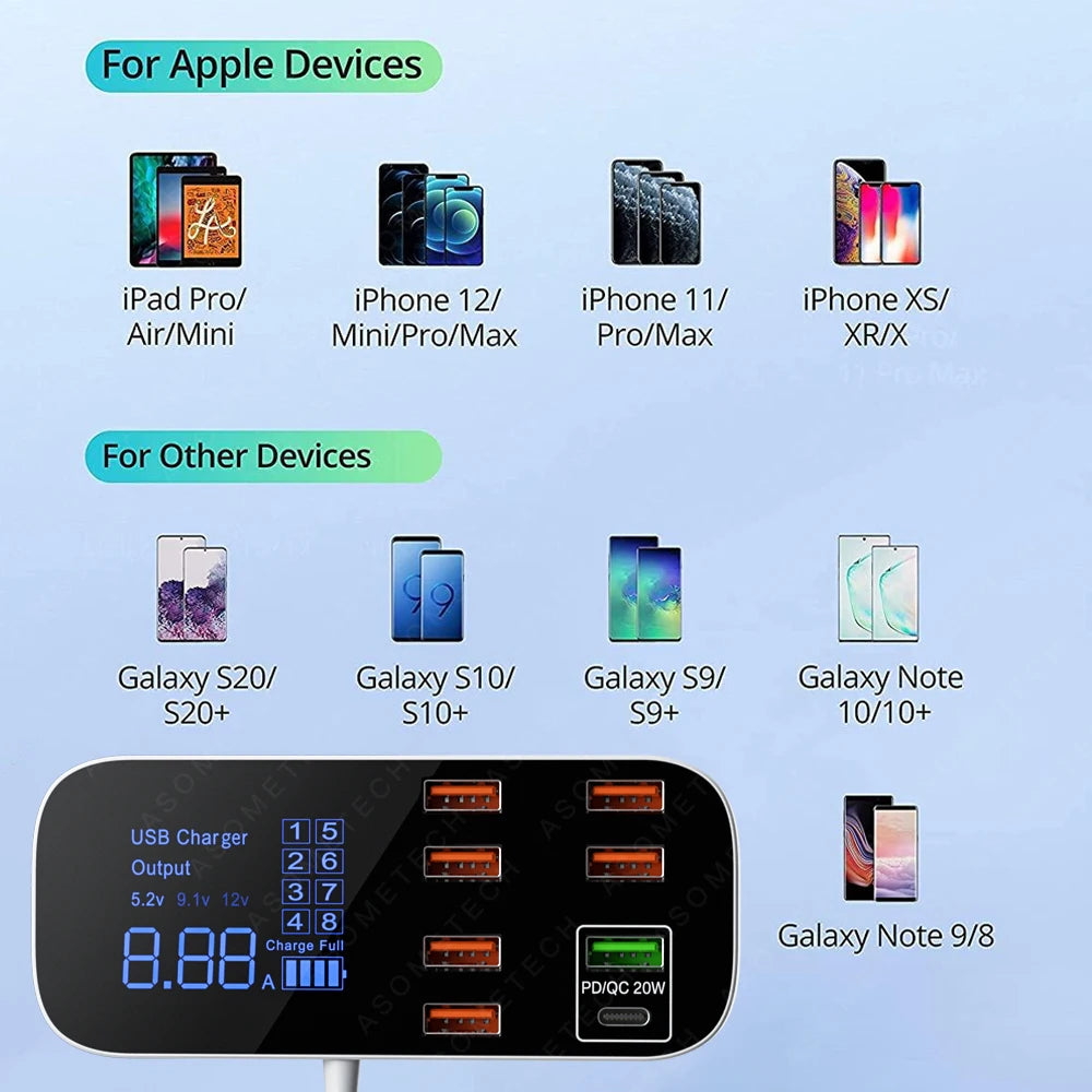 Cargador rápido USB de 8 puertos y 40 W | Estación de carga de viaje portátil
