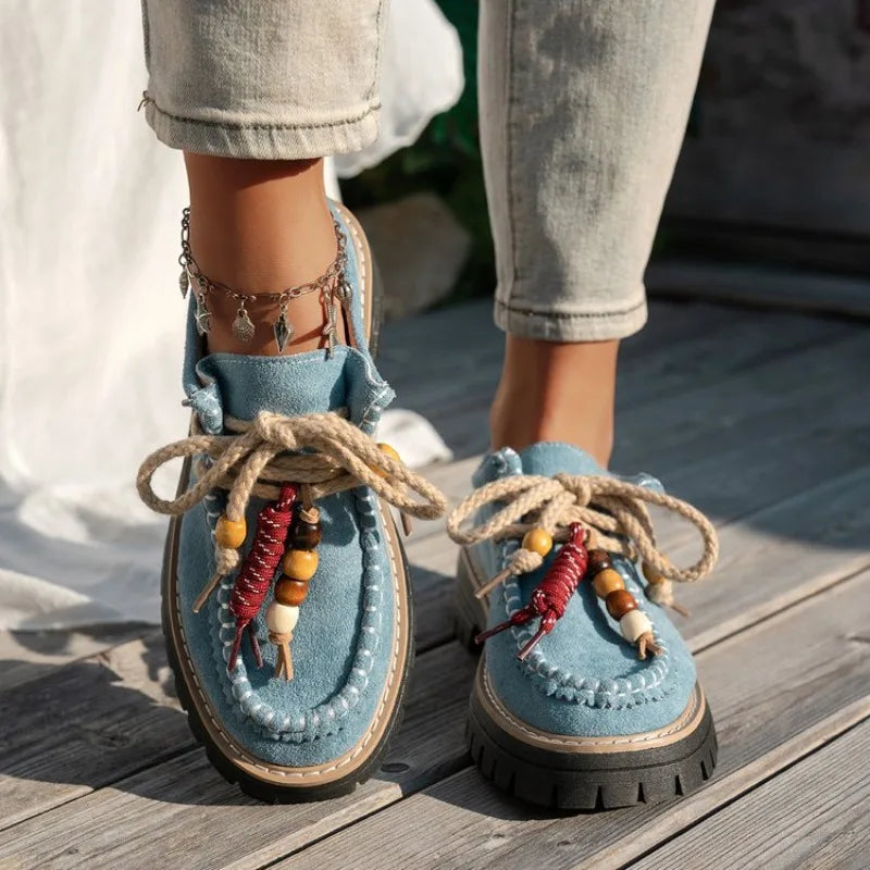 Women's Lace-Up Retro Bead Sneakers | Stylish Flat Shoes