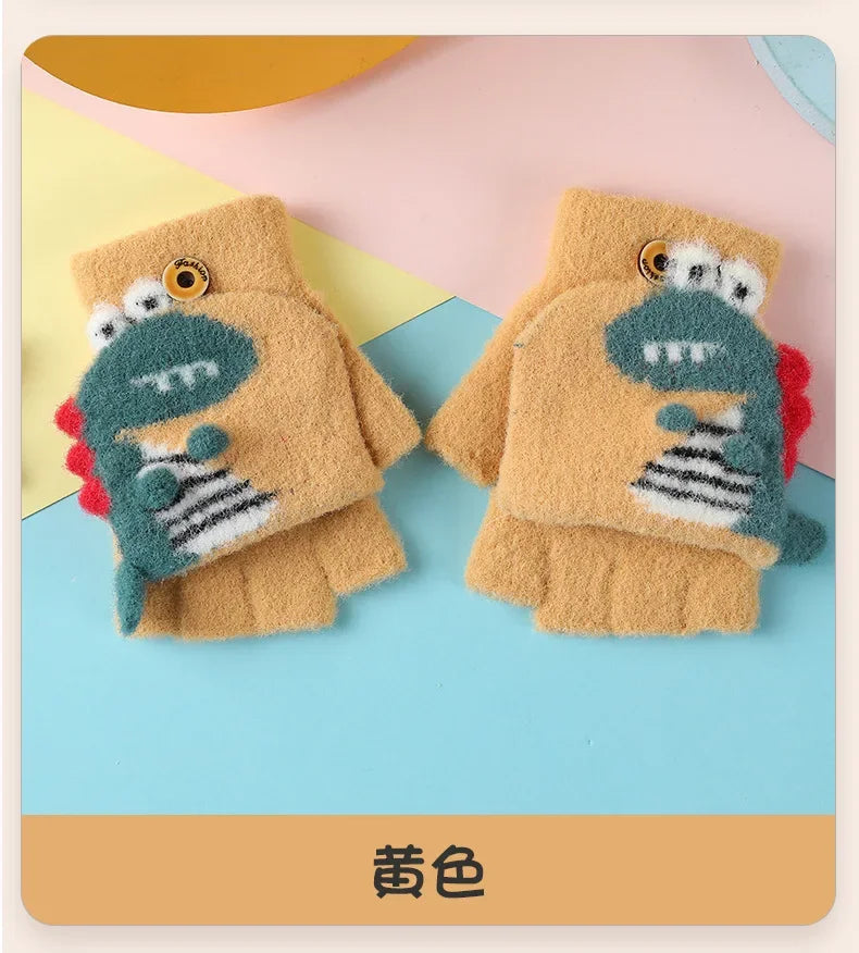 Kawaii Cartoon Dino Kids Half Finger Gloves | Winter Warmth for Fun