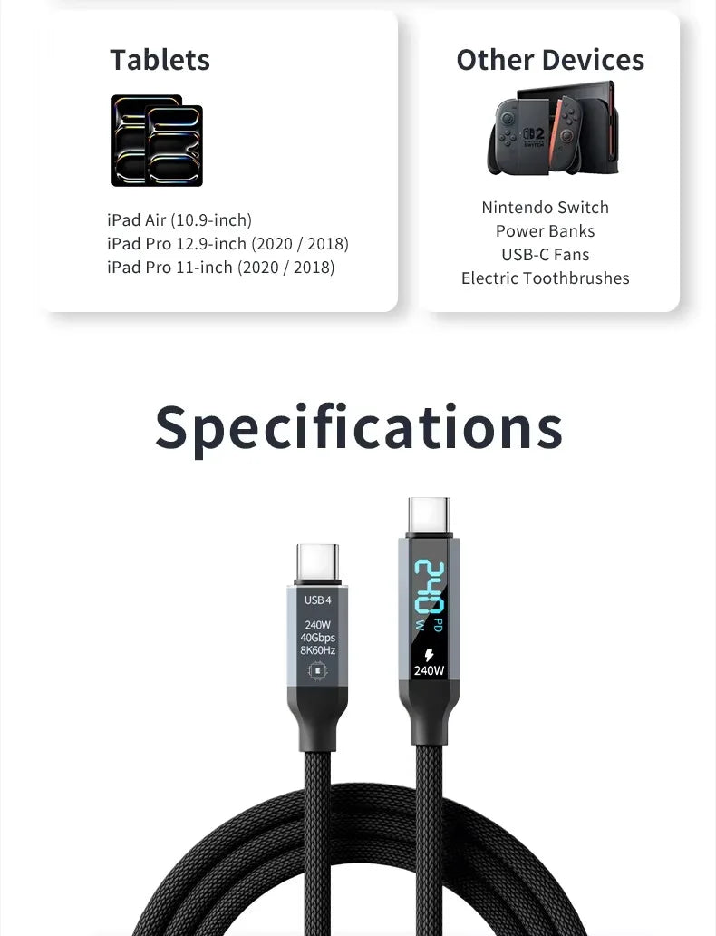 USB4 Cable with Real-Time LED Power Display 240W PD3.1 Fast Charging 40Gbps Data Transfer 8K@60Hz Video USB C to C Braided Cord