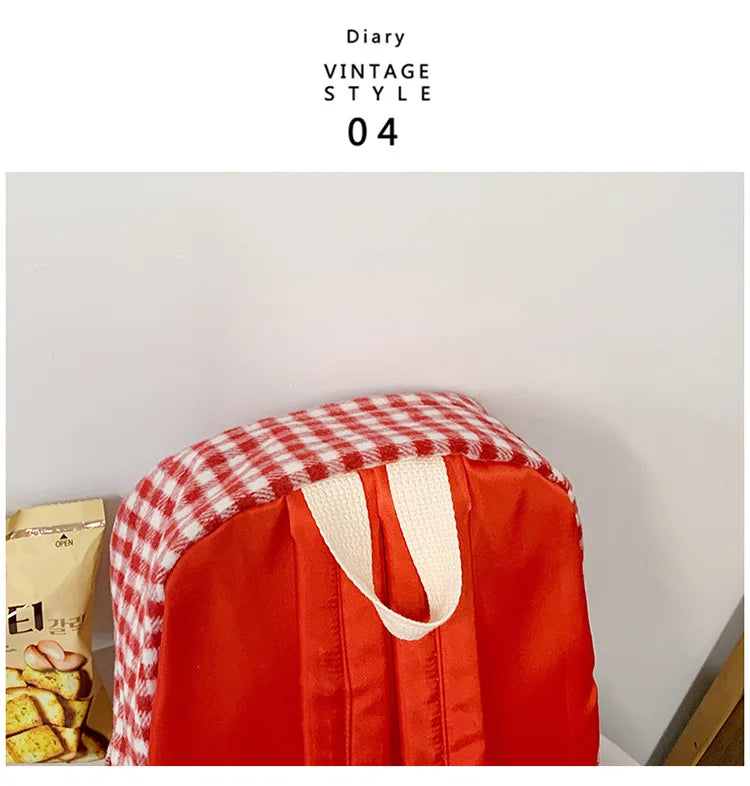 Stylish Girls Red Plaid Backpack | Large Capacity School Bag