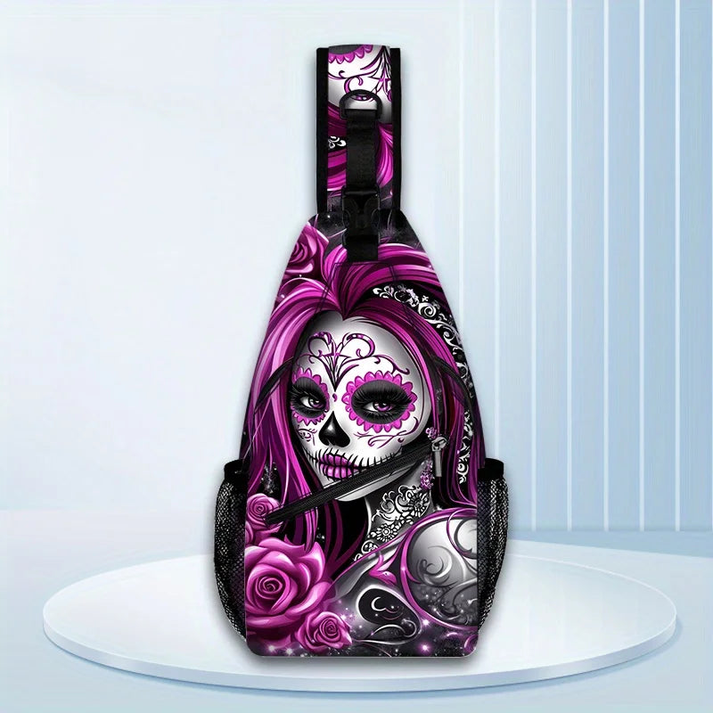 Purple Skull Crossbody Bag | Adjustable Sling Backpack for Travel