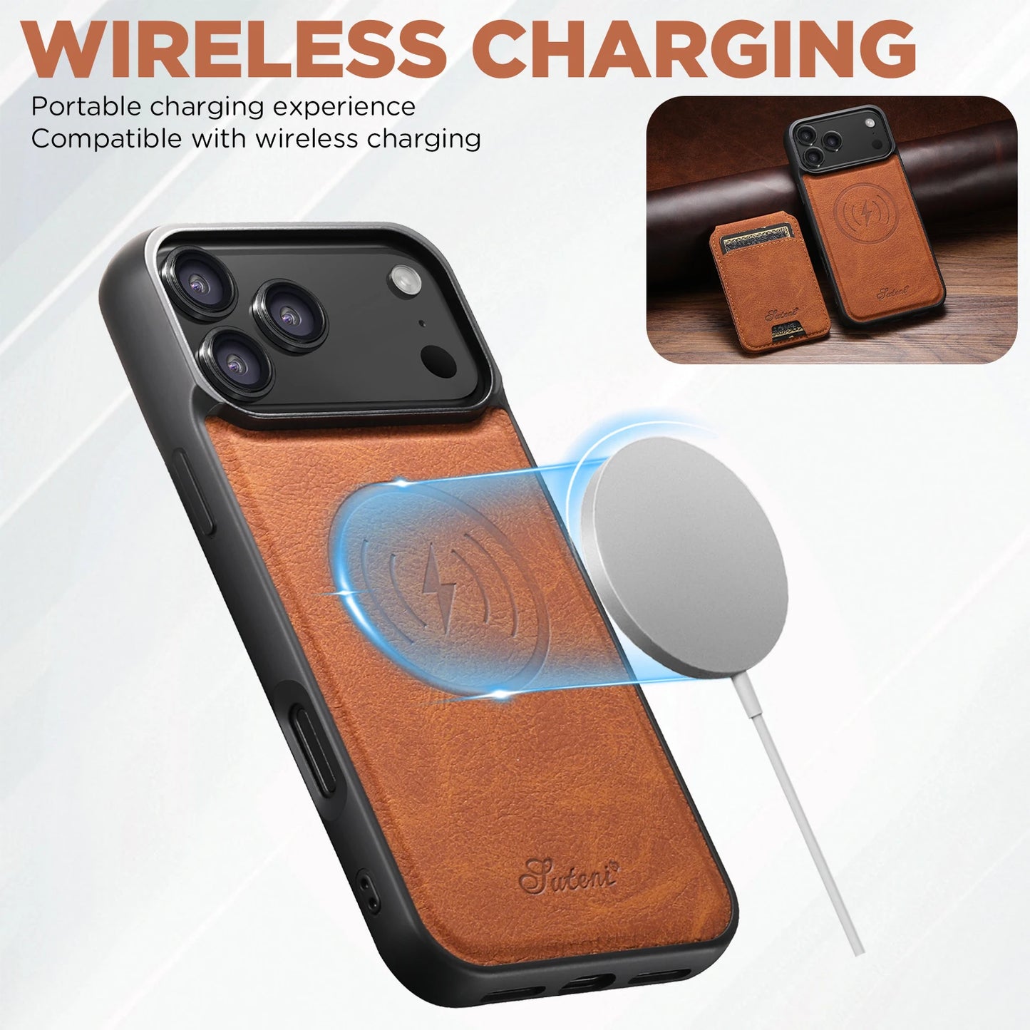 SUTENI Wireless Charging Phone Case Magnet Card Holder Stand Faux Leather For iPhone 17 Pro Max 16 Plus 15 14 13 12