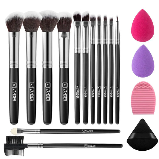 13 Piece Makeup Brushes and Sponges Set – Soft Fluffy Synthetic Brushes for Foundation, Eyeshadow, Blush, Blending & Powder – Wood Handle Beauty Tools