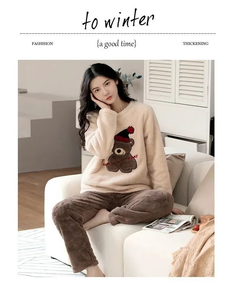 Cozy Cartoon Bear Flannel Loungewear Set for Couples