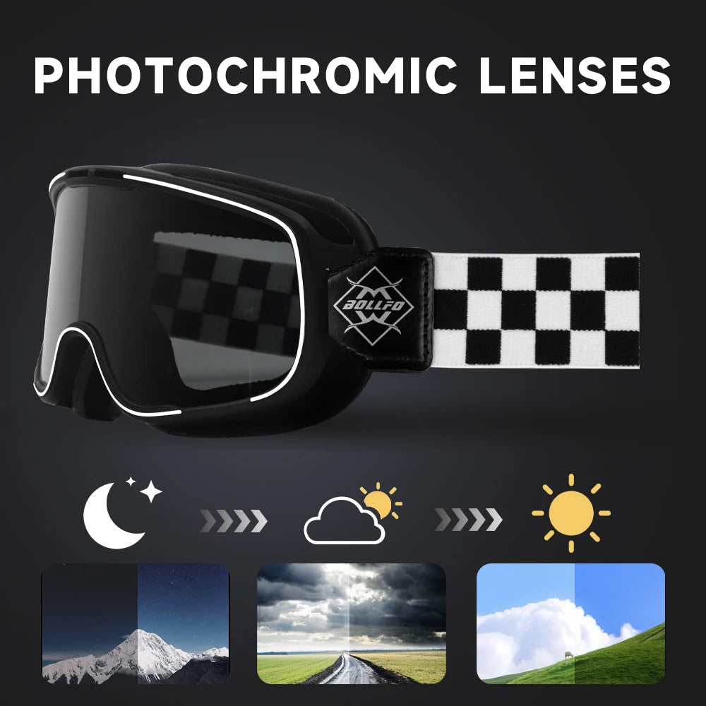 BOLLFO Photochromic Motorcycle Goggles Motorbike Eyewear OTG UV Protection Auto-tinting ATV Glasses Windproof Dirt Bike Goggles