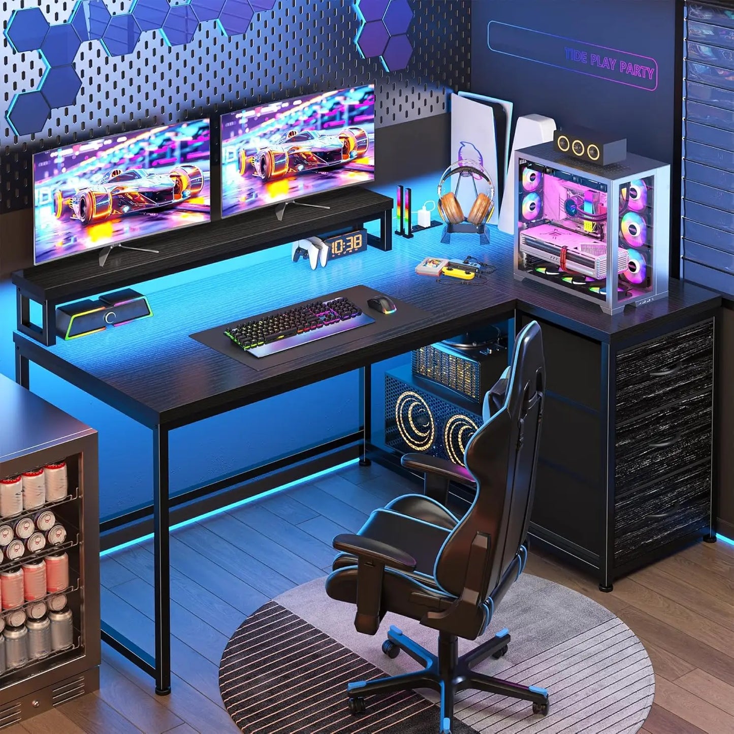 L Shaped Gaming Desk with Monitor Stand & 3 Drawers