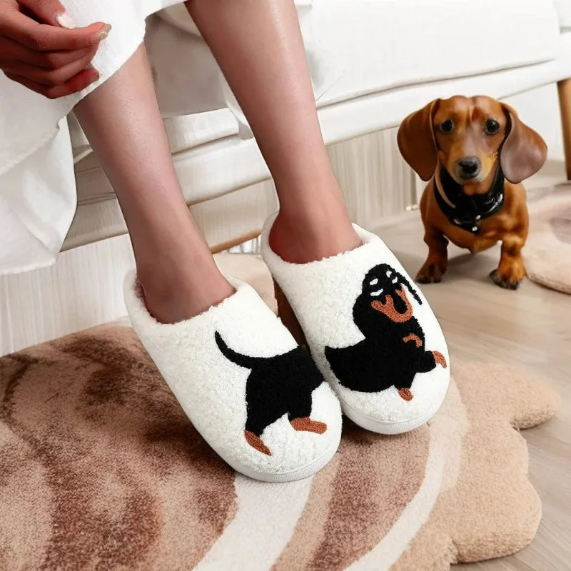 Dachshund Embroidered Plush Slippers | Cozy Winter Indoor Shoes