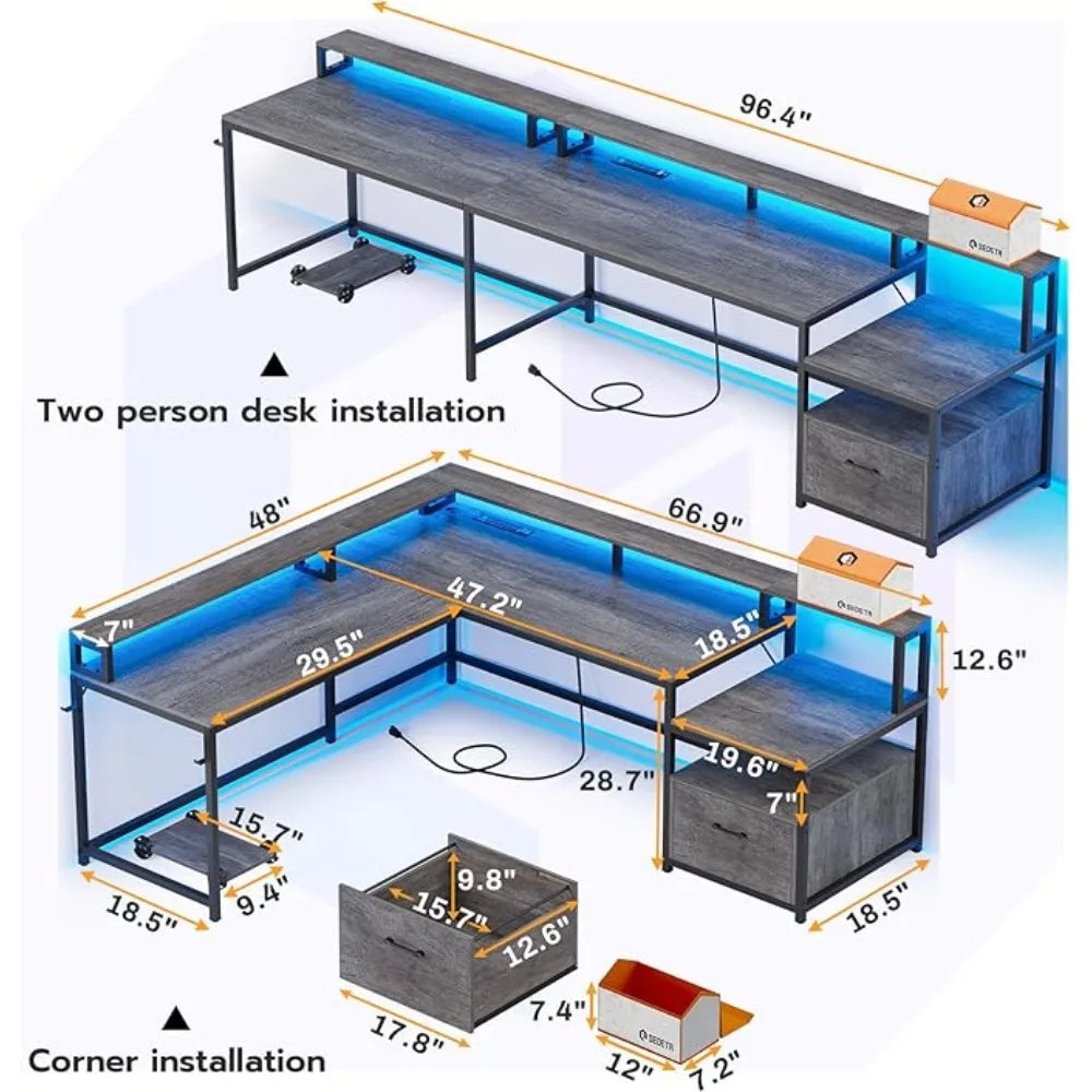 66" Gaming Desk | Corner Home Office Desk with Storage & LED Lights