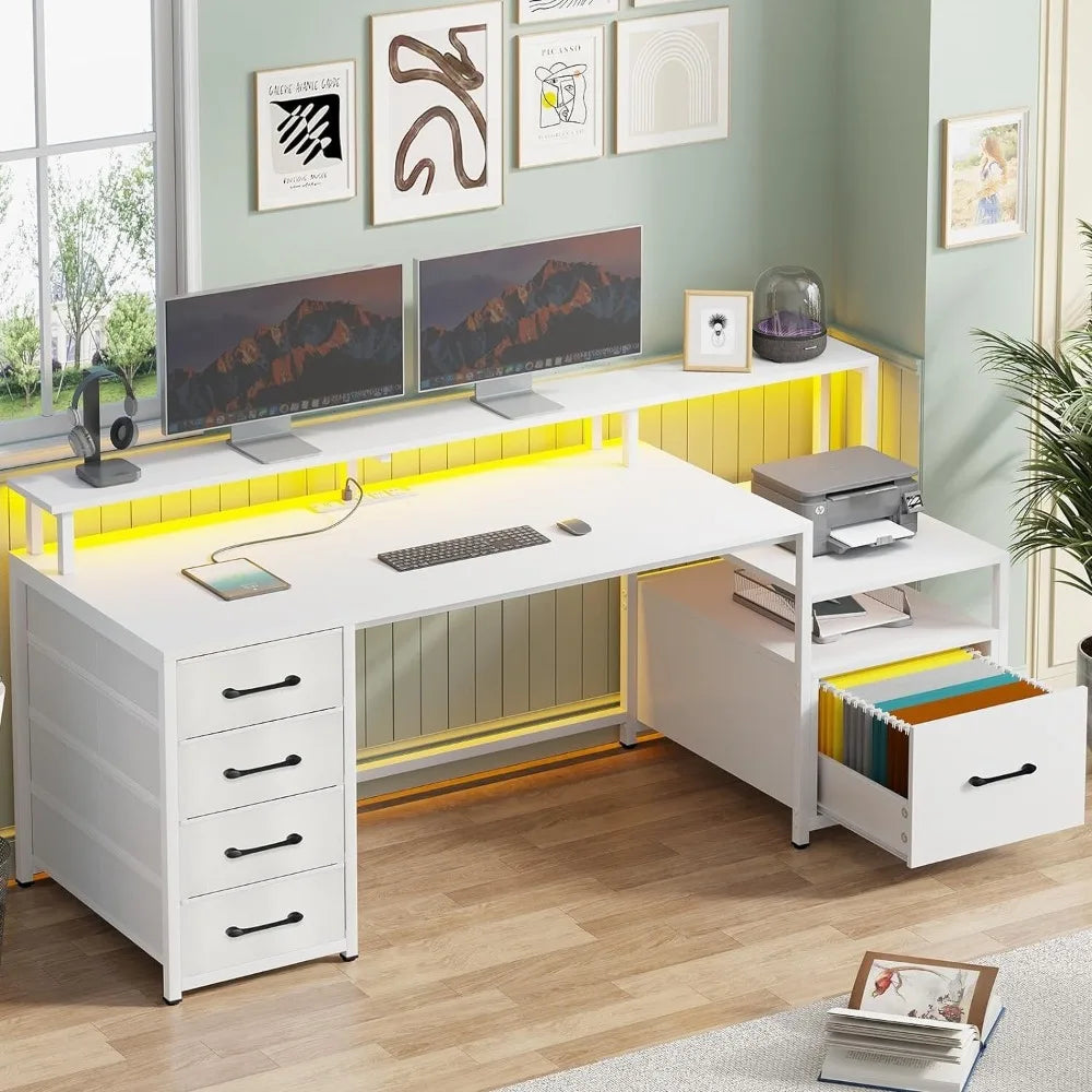 Stylish Computer Desk with 5 Drawers and Power Outlet | Home Office