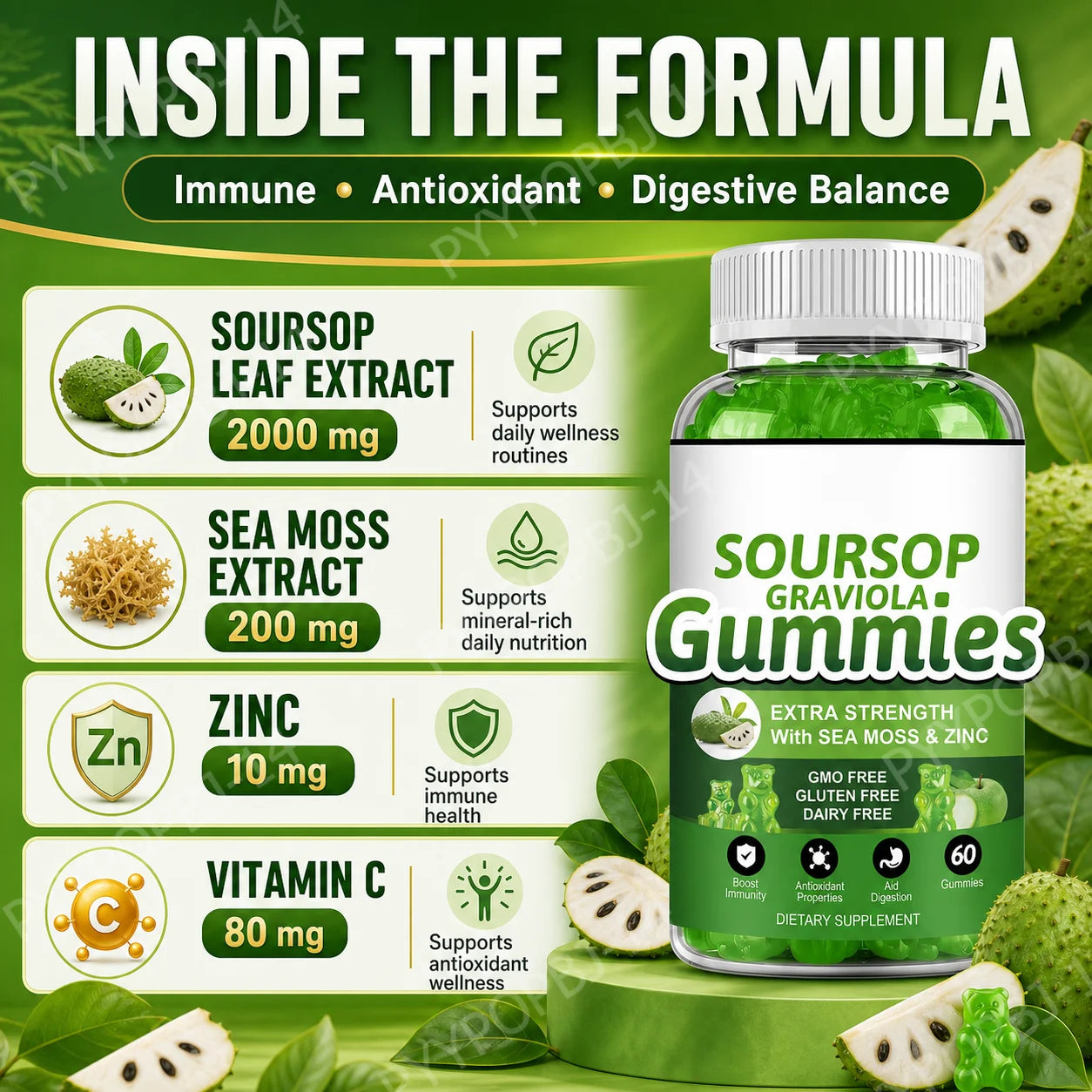 Soursop Graviola Gummies with Sea Moss & Vitamin C | Immune Support