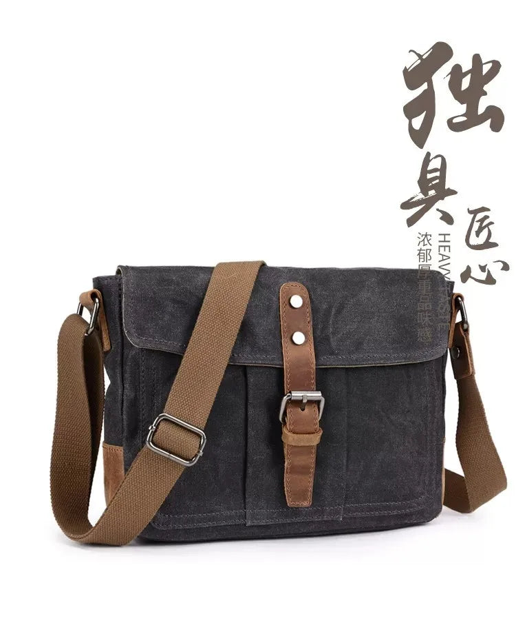Vintage Waxed Canvas Crossbody Bag | Water-Resistant Casual Satchel