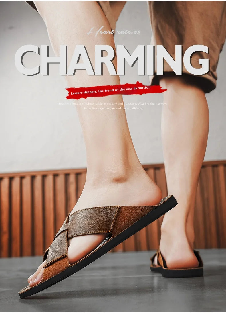 Plus Size Men Leather Slippers Homes In Indoor Slippers Summer Open Toe Sandals Comfy Antiskid Soft Bottom Casual Walking Shoes