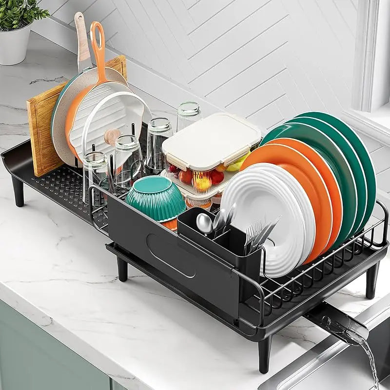 Expandable Dish Rack with Multifunctional Drainboard for Kitchen