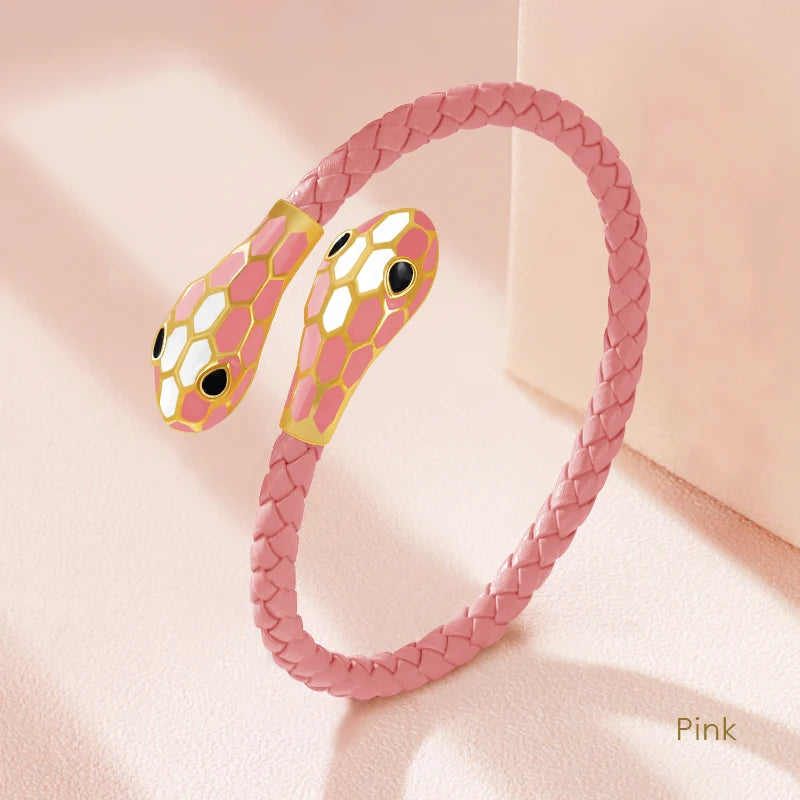 MOONLIGHT Classic Style Double Snake Head Cuff Bangles for Women Genuine Braided Leather Bracelets Female Fashion Jewelry Gifts
