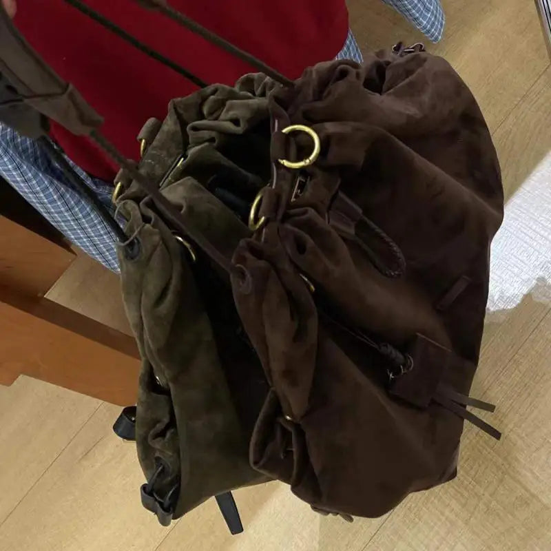 Trendy Retro Frosted Suede Bucket Backpack | Stylish Large Capacity Bag