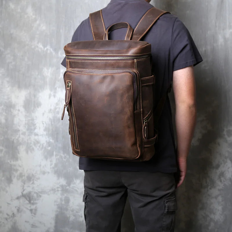 Retro Leather Vertical Backpack | Large Capacity Travel Bag for Men