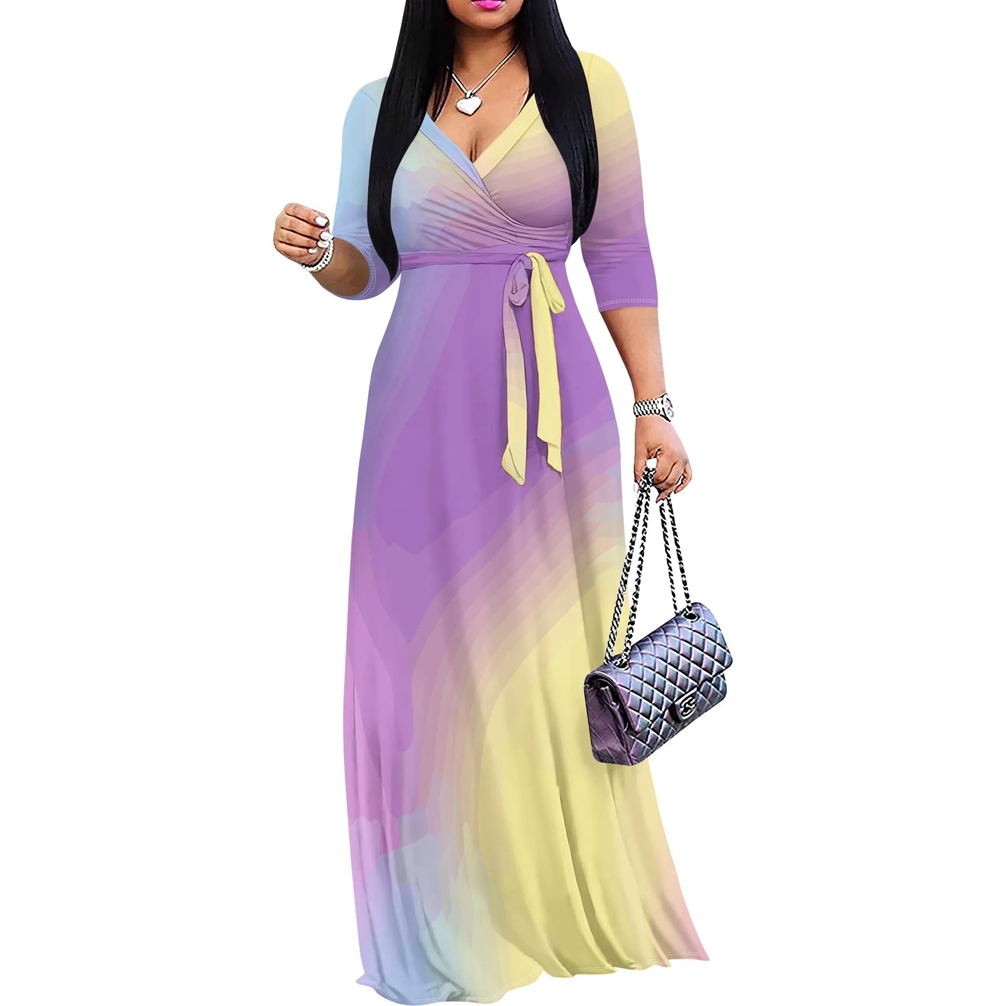Colorful Tie-Dye V-Neck 3/4 Sleeve Wrap Maxi Dress for Women