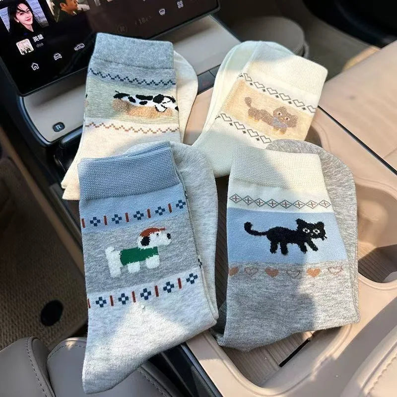 Cute Mid-Calf Socks with Adorable Kitten & Puppy Patterns