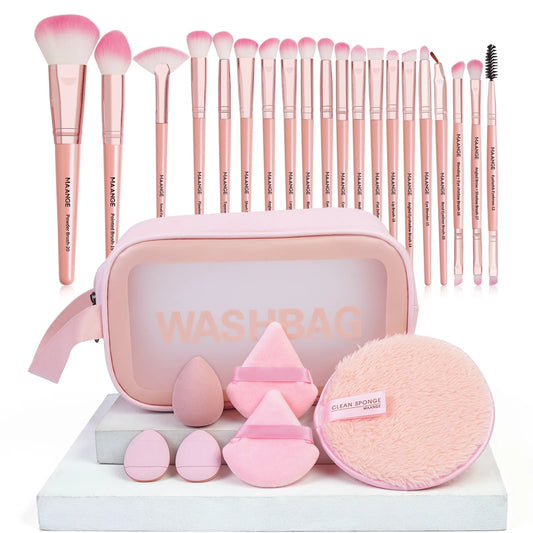 27 Piece Makeup Brush Set with Powder Puffs, Beauty Sponge & Travel Bag – Full Face Kit