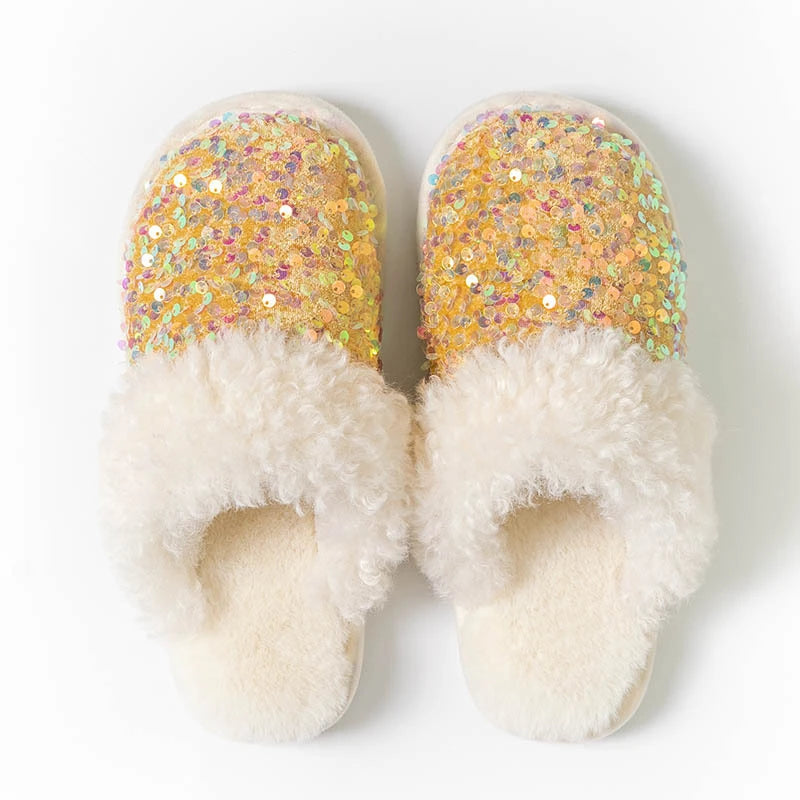 Kawaii Sequin Giraffe Plush Slippers | Cute Winter House Shoes