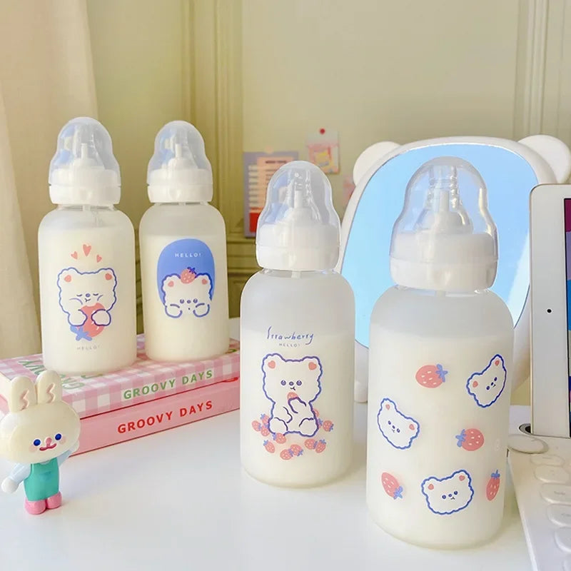 Kawaii Strawberry Bear Glass Water Bottle | Cute & Eco-Friendly