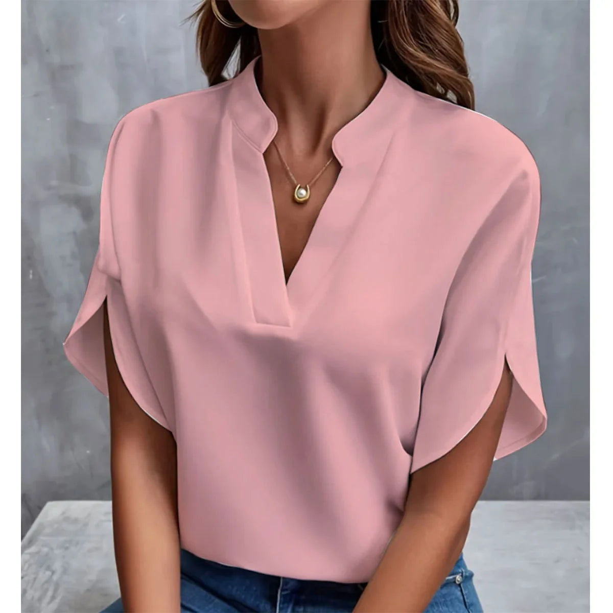 Women's Summer Solid Color Casual V-Neck Short Sleeve Shirt