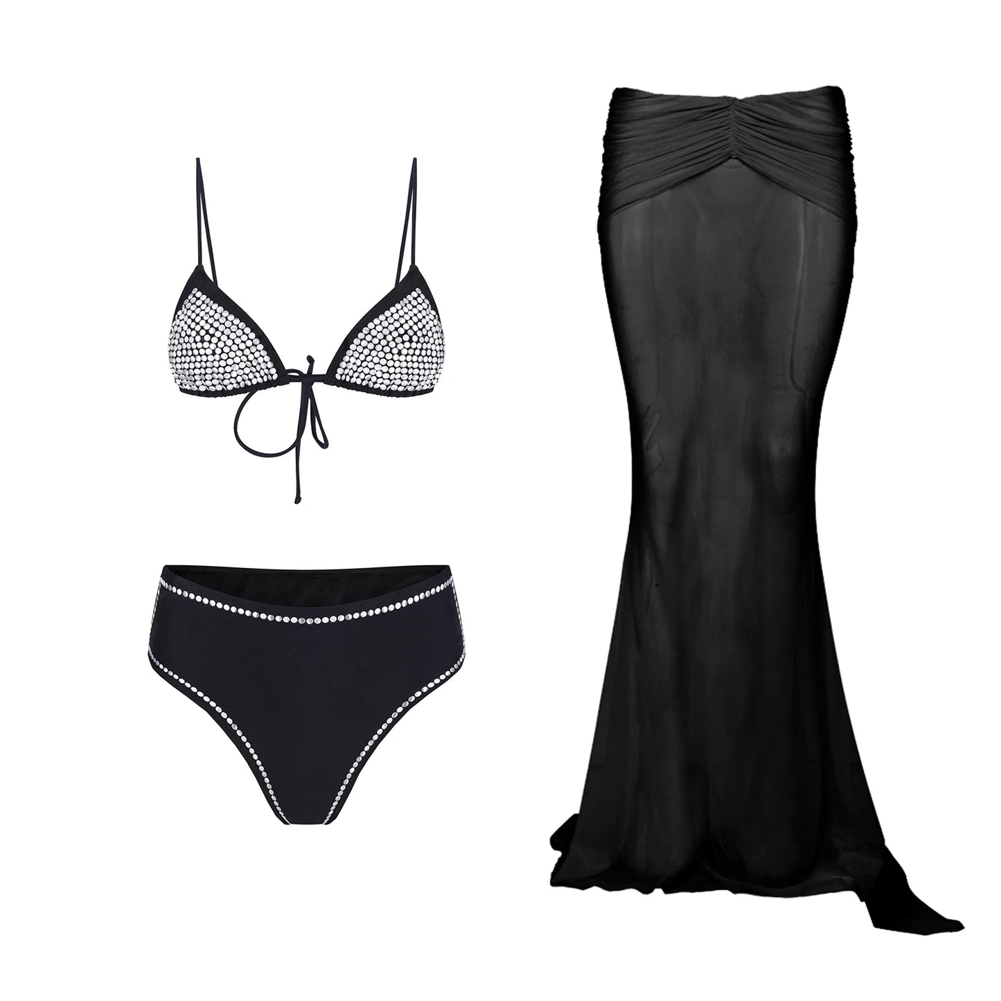 3-Piece Diamond Bikini Set | Sexy Women's Swimsuit with Mesh Skirt