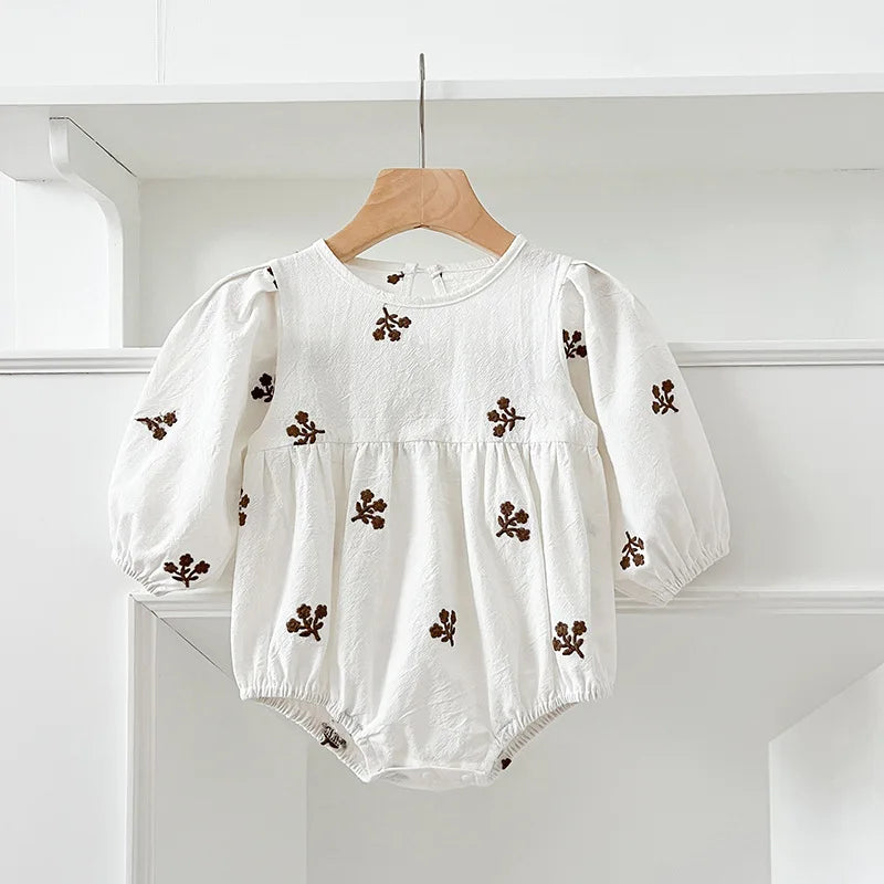 Baby Girls Embroidered Bow Romper | Cozy Autumn Jumpsuit