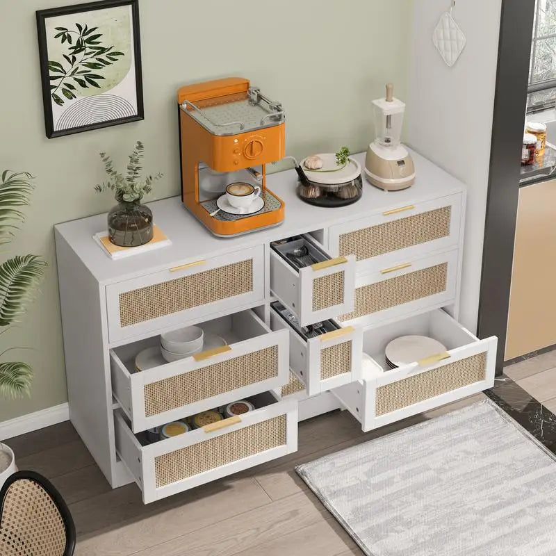 51.2” White Rattan Storage Locker with 9 Drawers & Elegant Design