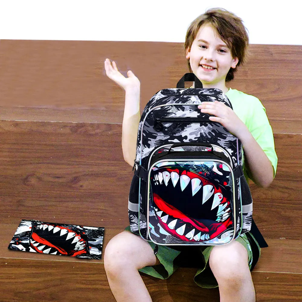16" Shark Backpack Set for Boys | Cool School Bookbag & Lunch Box