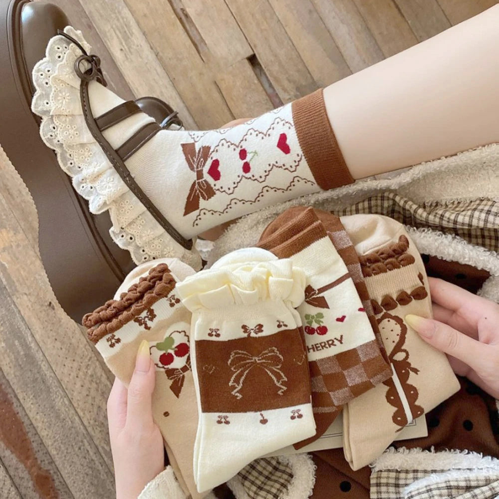 Cute Women's Mid-Calf Socks | Charming Cherry Bow Design