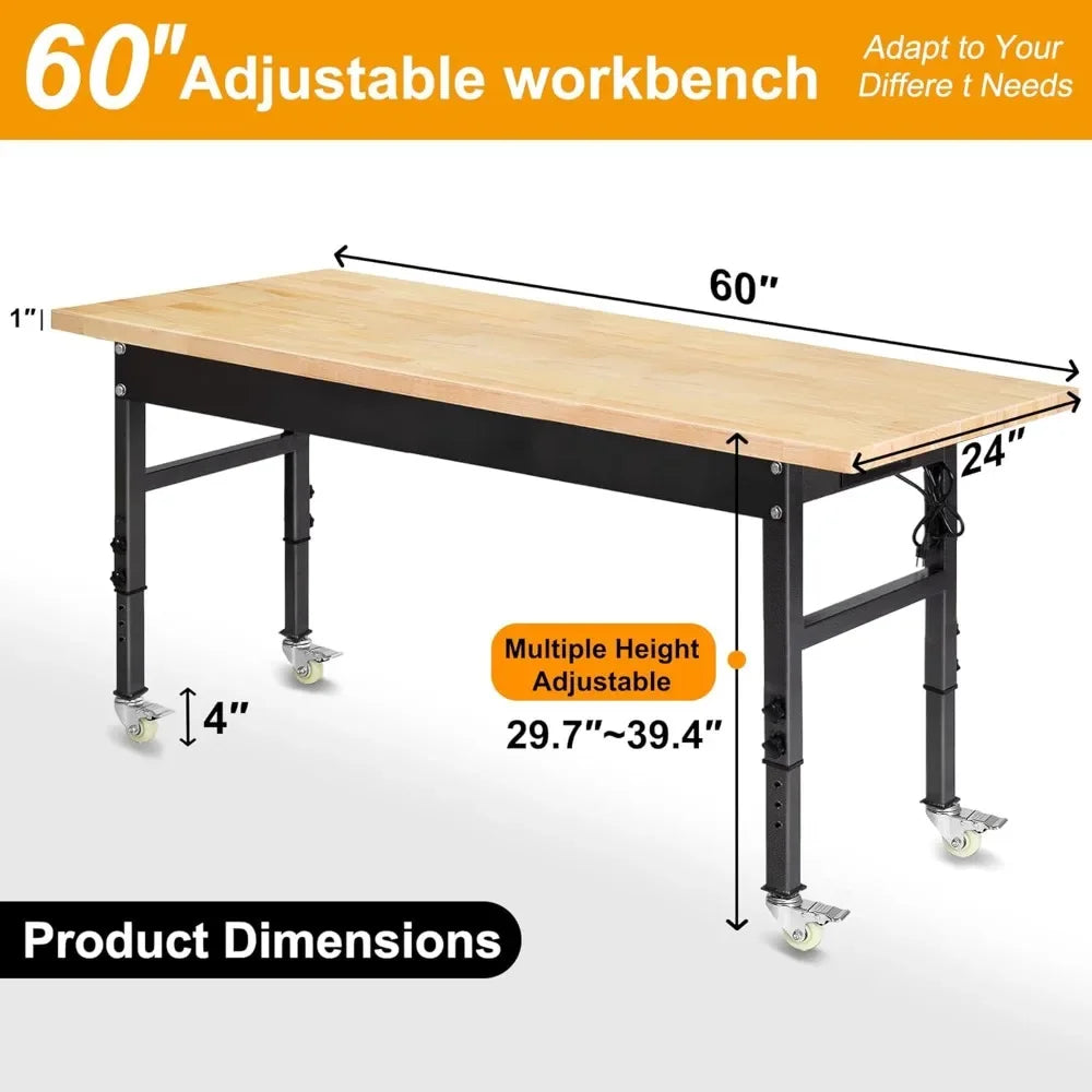 60 Inch Adjustable Workbench | Heavy Duty Work Table with Outlet
