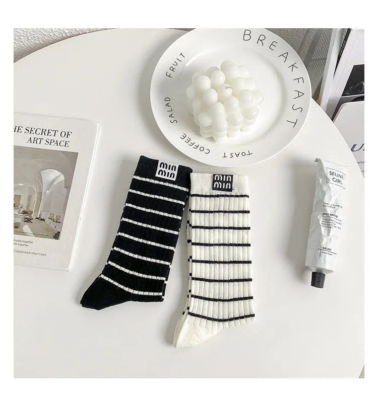 Trendy Striped Mid Tube Socks | Stylish Breathable Casual Wear