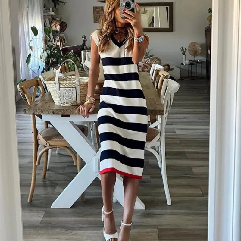 Striped V-Neck Pullover Dress for Women | Casual Summer Style