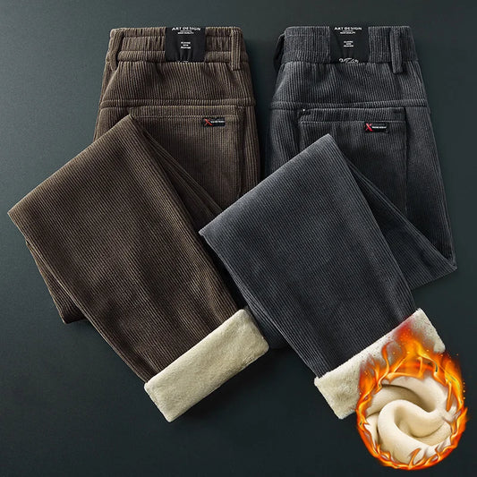 Winter Fleece Warm Corduroy Fabric Men’s Casual Pants Thick Plush Trousers Outdoor Business Black Grey Brown