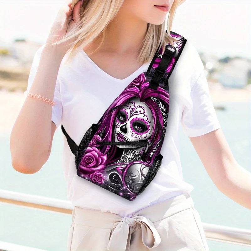 Purple Skull Crossbody Bag | Adjustable Sling Backpack for Travel