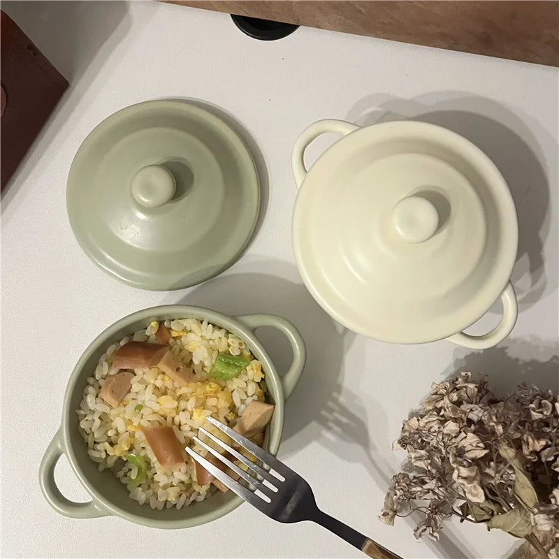 Durable 220ml Ceramic Small Bowl with Covered Double Ears