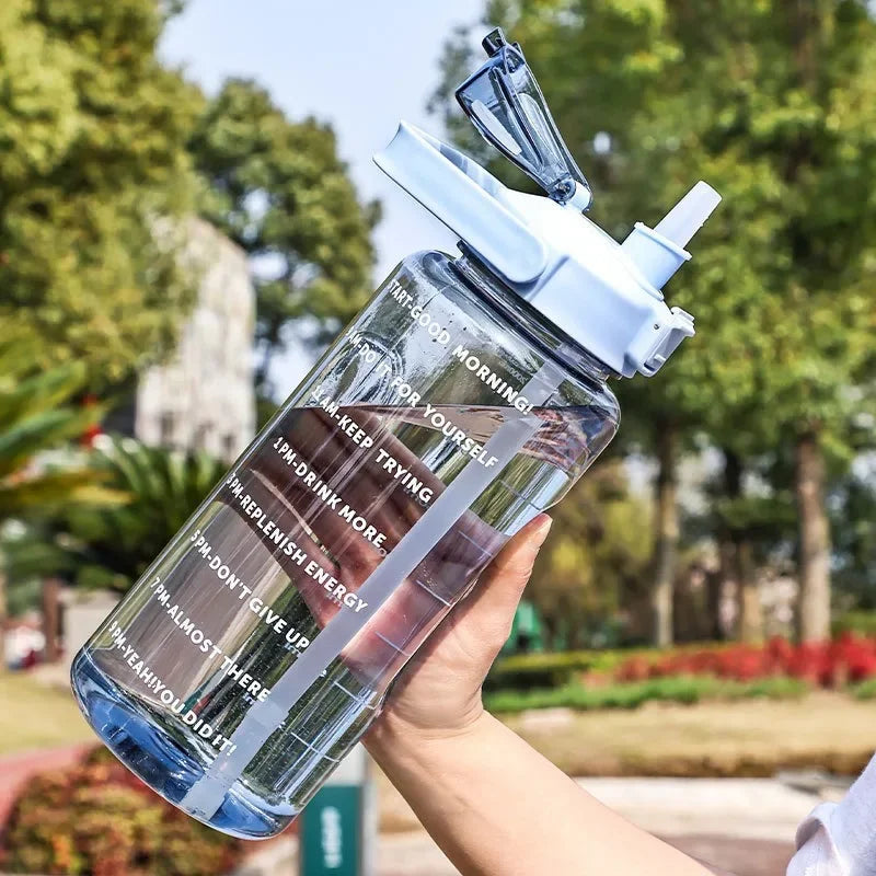 2L Large Capacity Sports Water Bottle with Straw & Time Marker