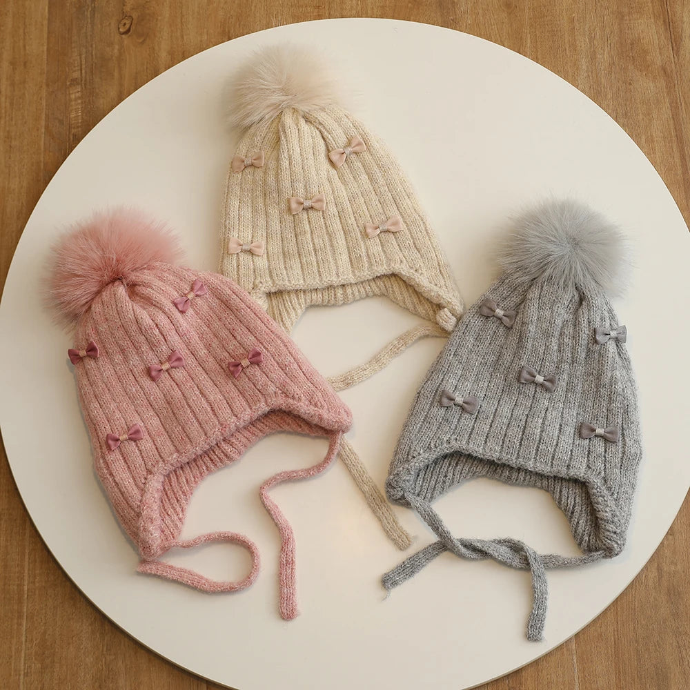 Warm Winter Hat for Girls | Cute Kids Bonnet with Pompom & Bows