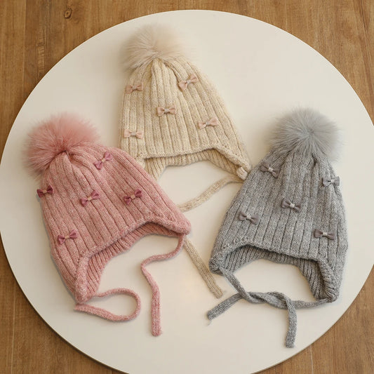 Gorro de invierno cálido para niñas | Lindo gorro infantil con pompón y lazos