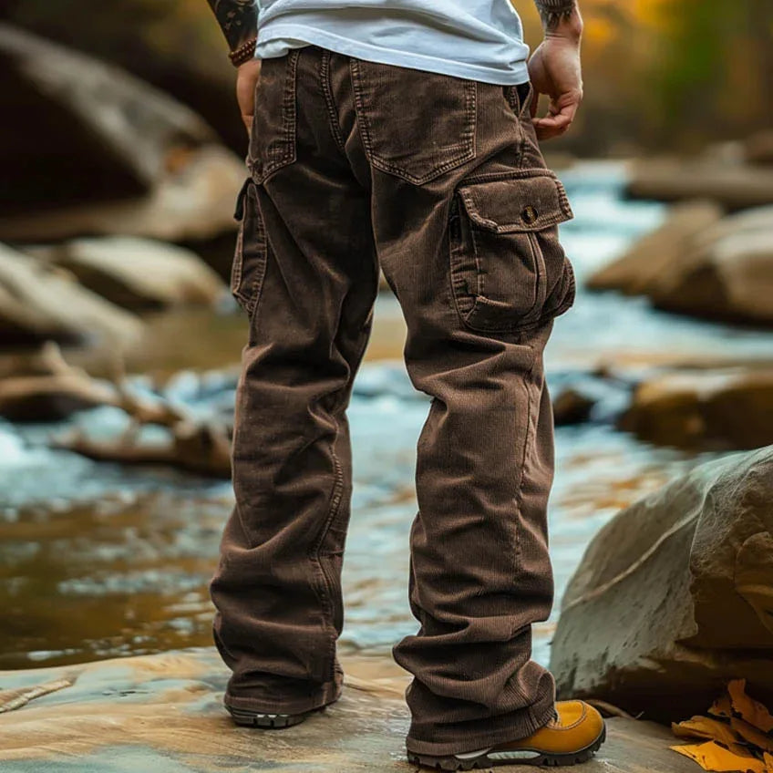 Men’s Corduroy Cargo Pants Autumn Winter Retro Workwear Joggers Relaxed Fit Multi-Pocket Streetwear Fashion Plus Size Trousers