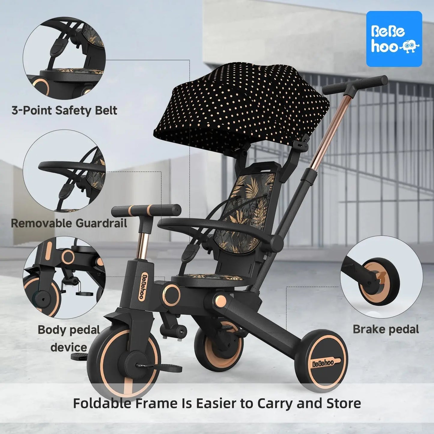 Foldable Tricycle Stroller for Toddlers | 3-in-1 Push Bike