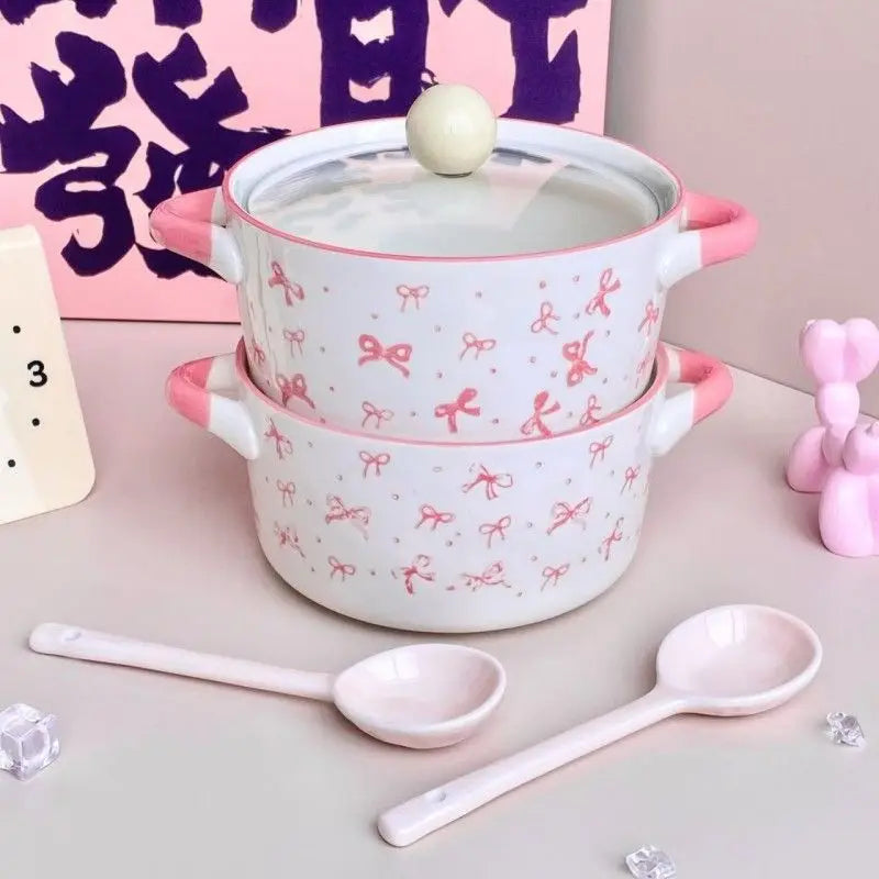 Bol de cerámica con tapa para fideos, diseño de lazo rosa | Adorable tazón para sopa