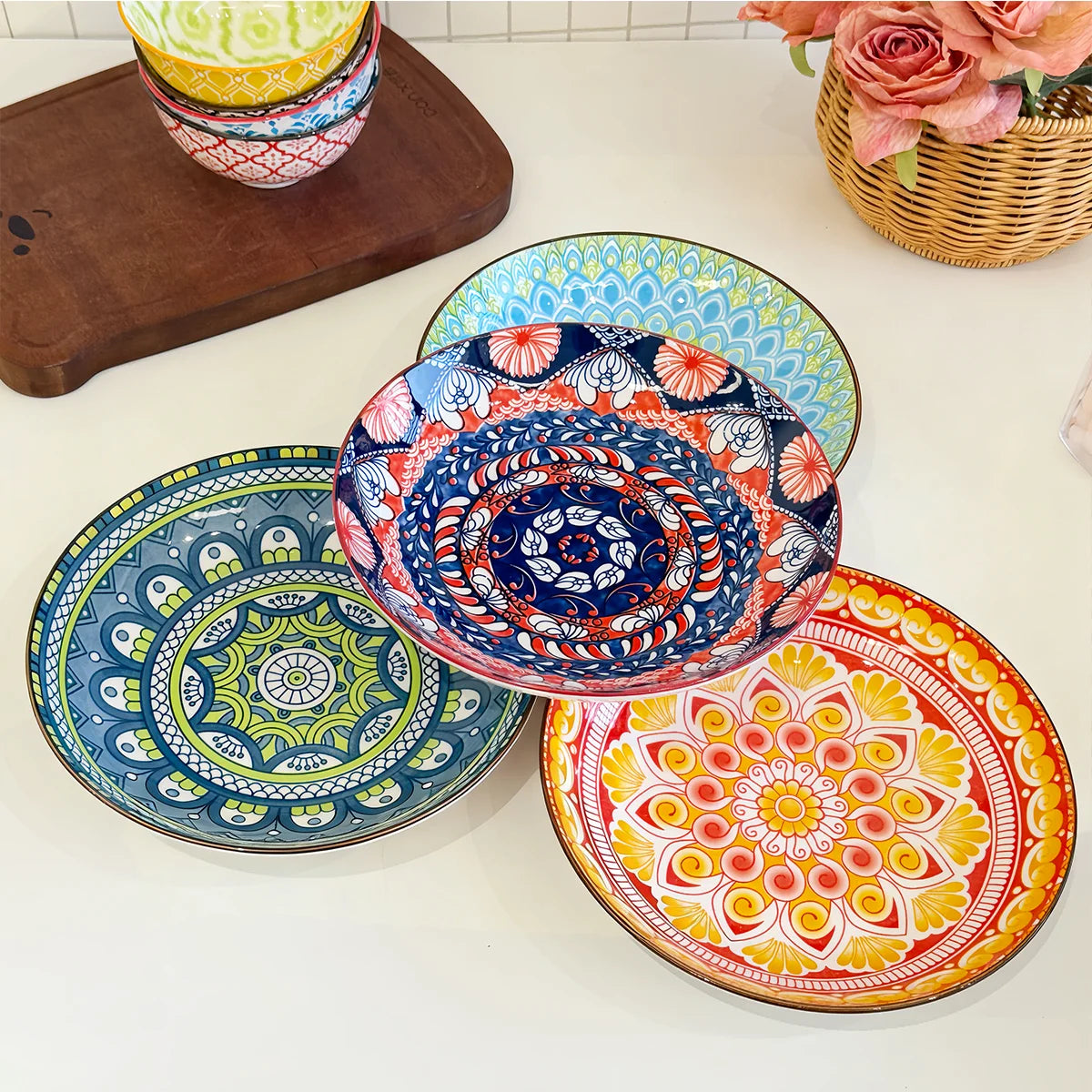 4-Piece Bohemian Ceramic Plate Set | Dishwasher & Microwave Safe