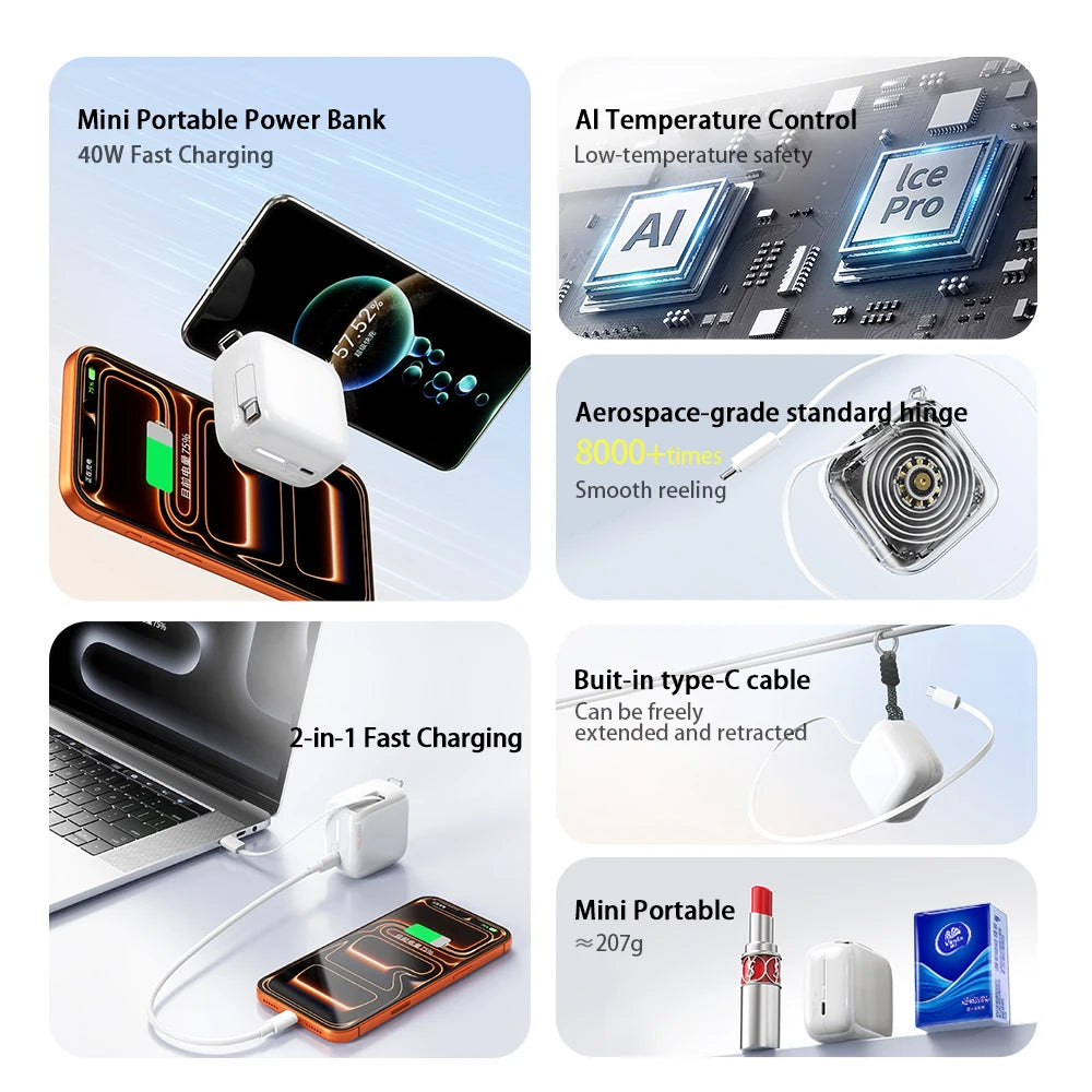40W Fast Charging Portable 10000mAh Power Bank with Cable