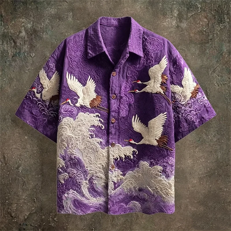 Men's Casual Short Sleeve Shirt | Dark Green Crane Pattern Fabric